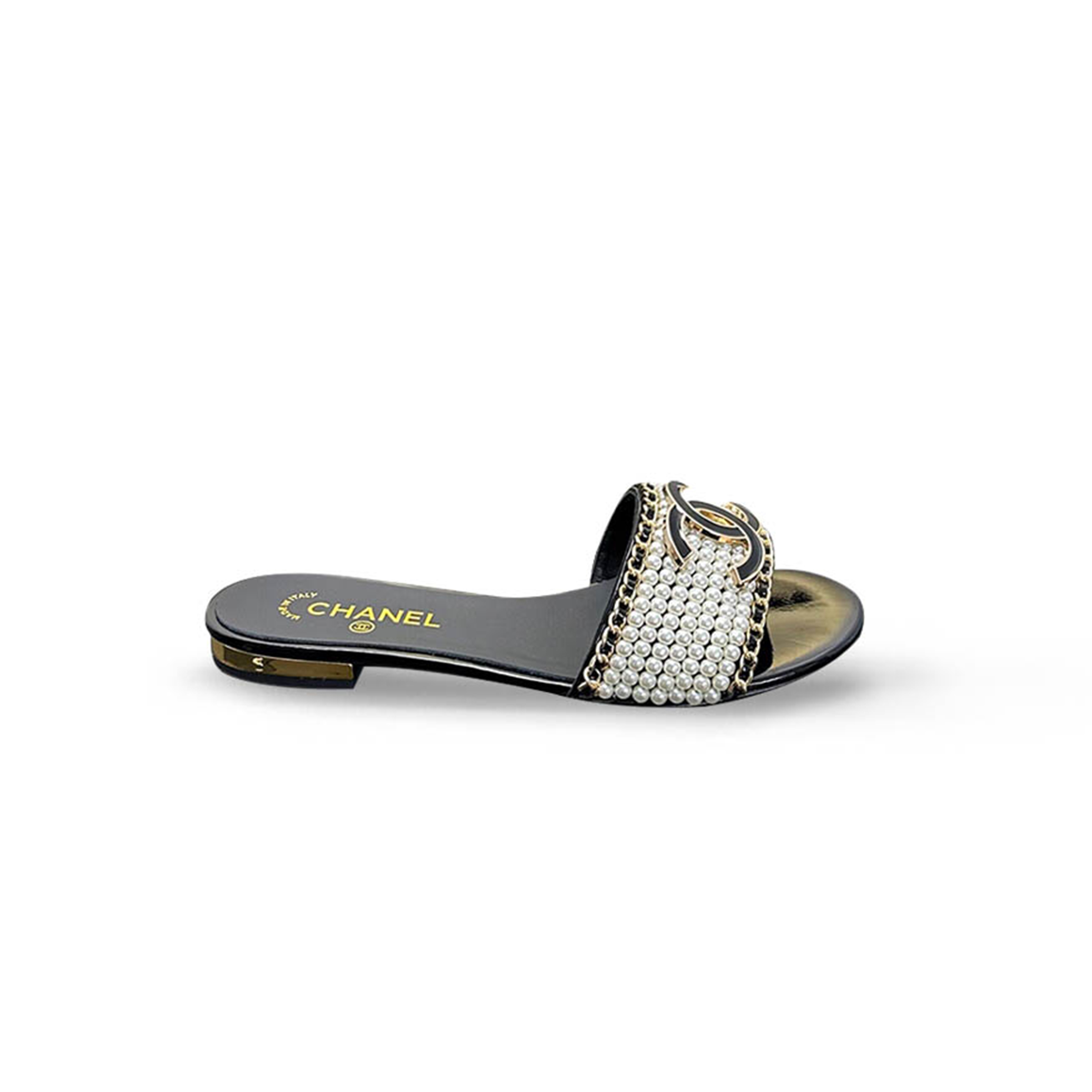 CHANEL DOUBLE C PEARL CHAIN SANDALS   